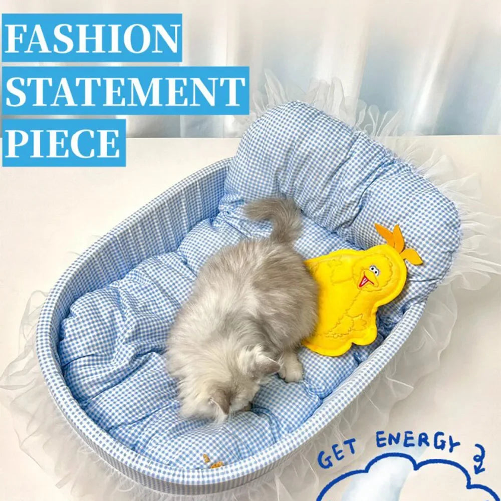 Plush Cat Sofa Bed With Lace Trim Washable Removable Cover