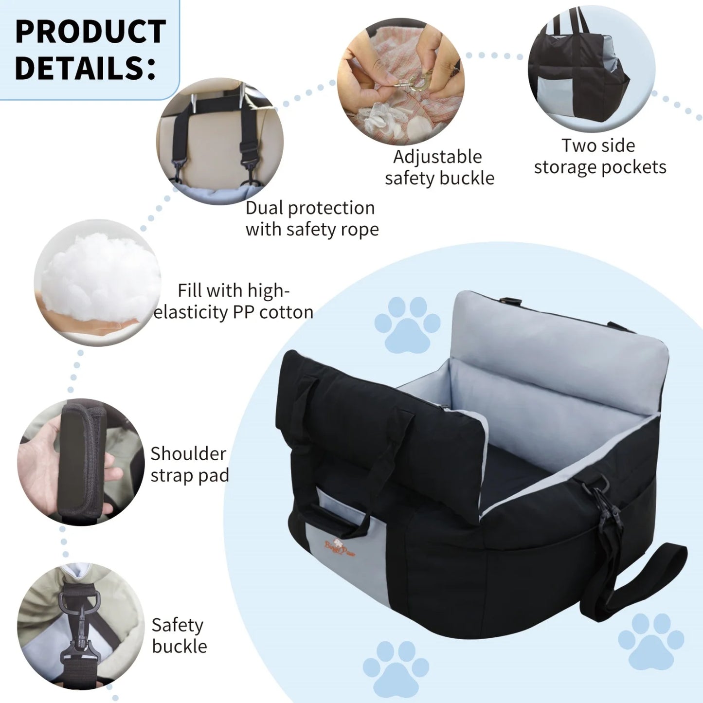 BINGOPAW Dog Car Seat Booster for Small Dogs with Belt