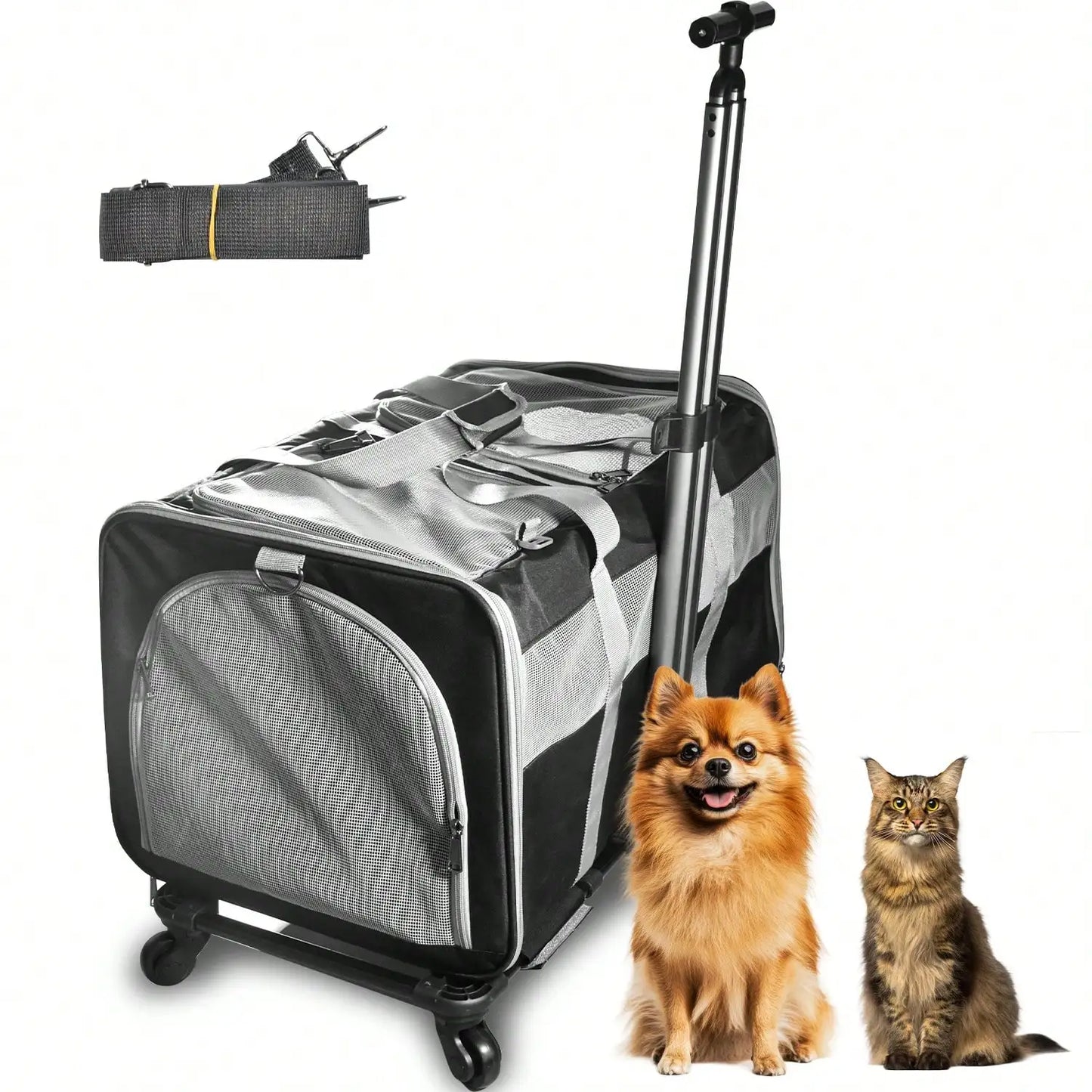 Rolling Cat Carrier For Two Cats And Small Dogs With Removable Pole Platform