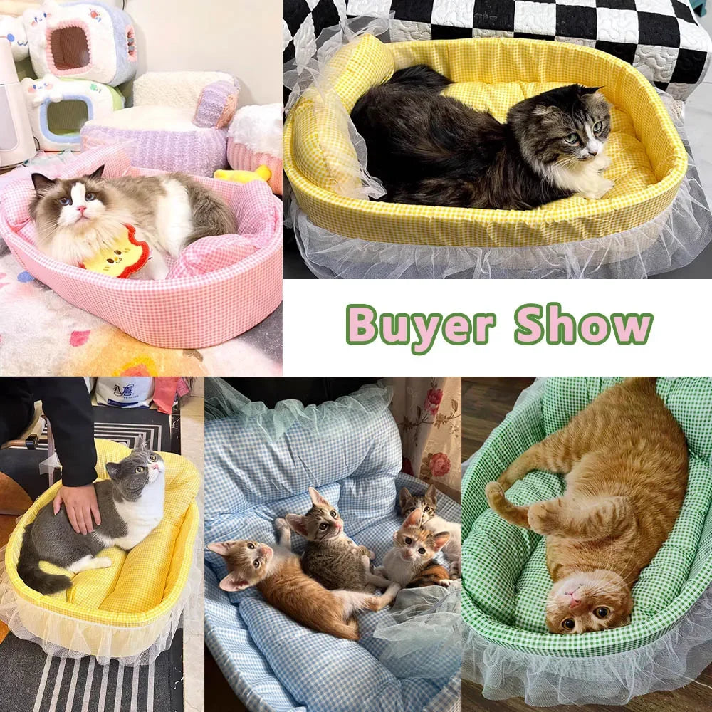 Plush Cat Sofa Bed With Lace Trim Washable Removable Cover