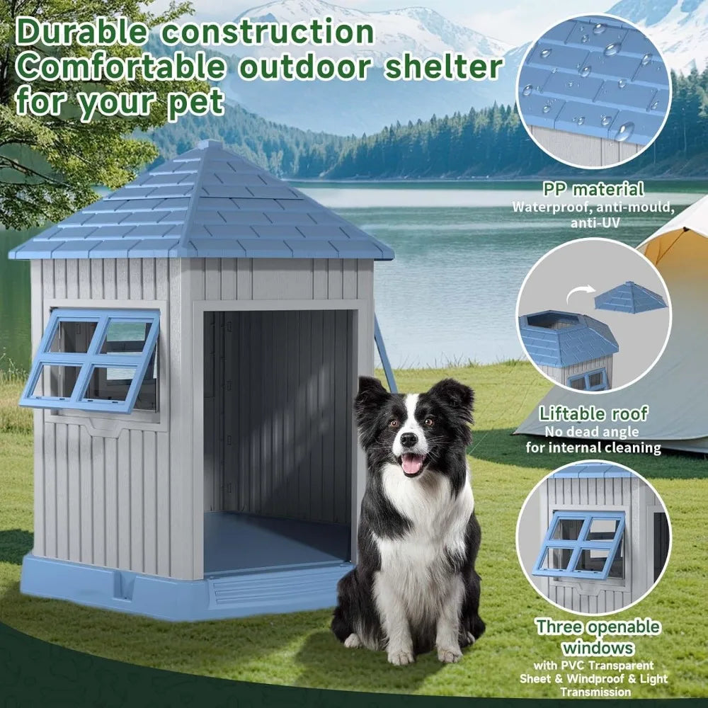 Dog House Indoor Outdoor Durable Kennel With Window And Elevated Floor