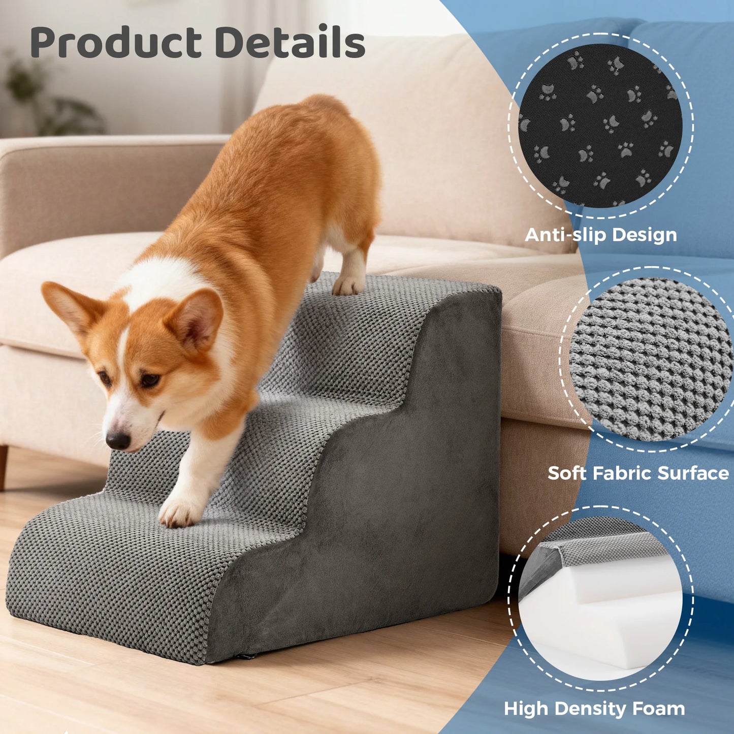 JHK 3-5 Step High Density Foam Dog Stairs For Small Dogs
