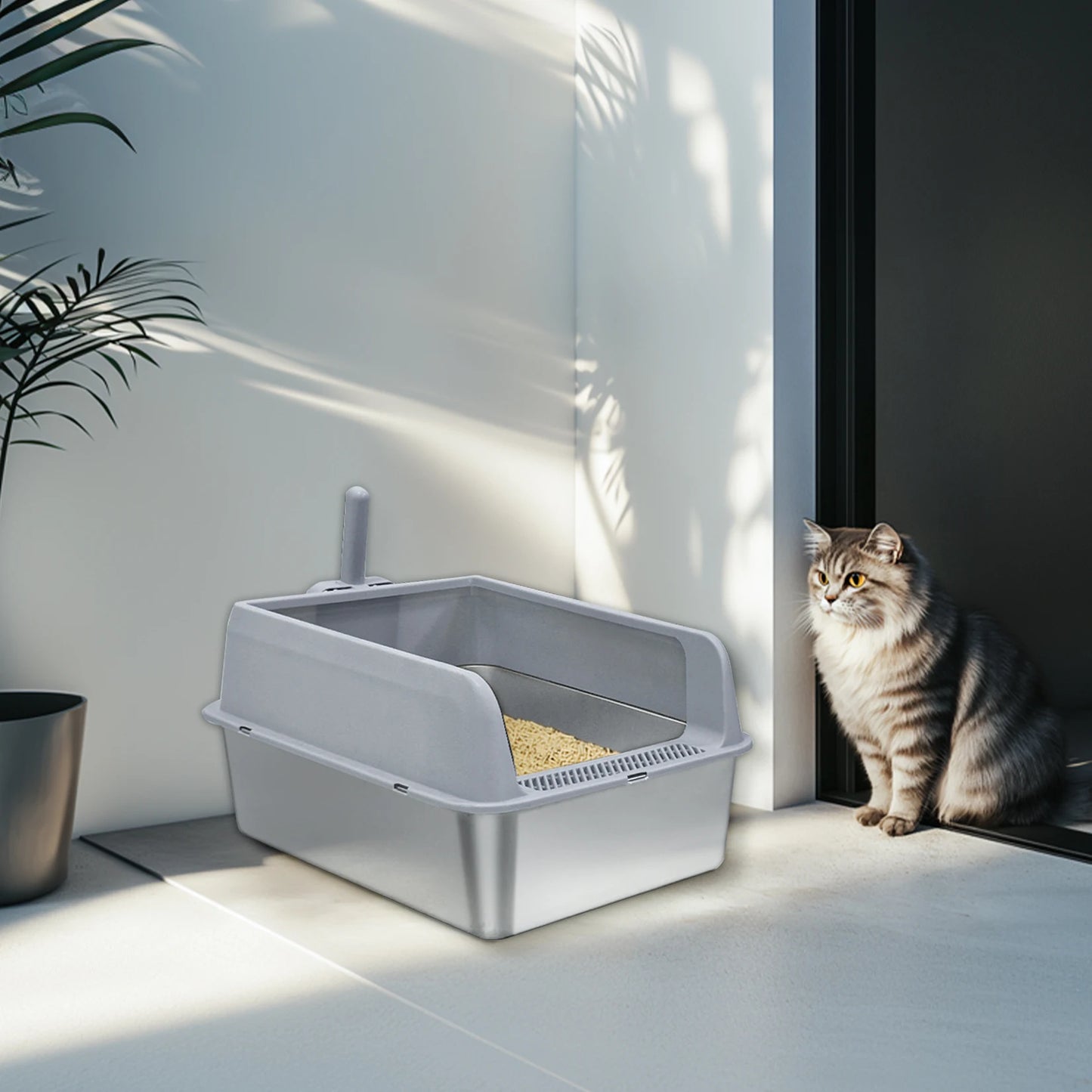 Stainless Steel Semi Closed Cat Litter Box With Scoop Odor Proof