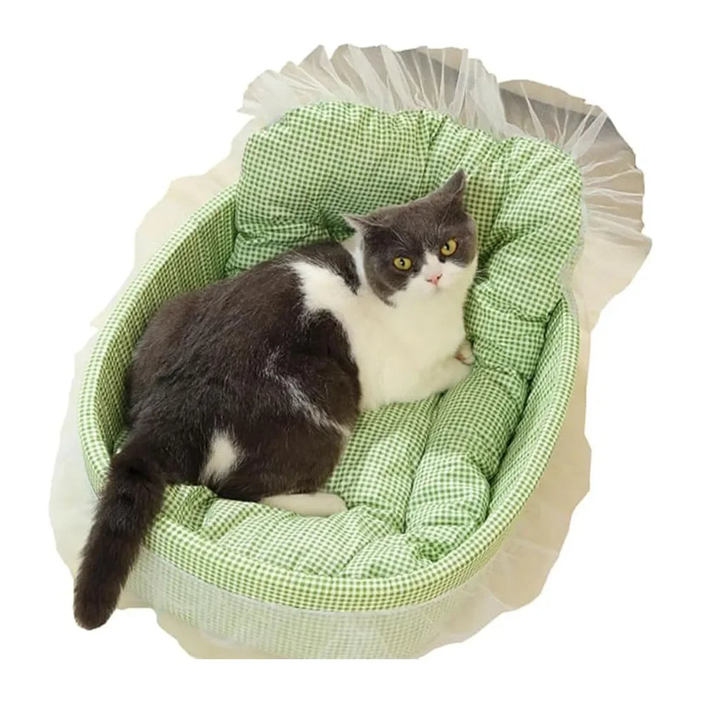 Plush Cat Sofa Bed With Lace Trim Washable Removable Cover