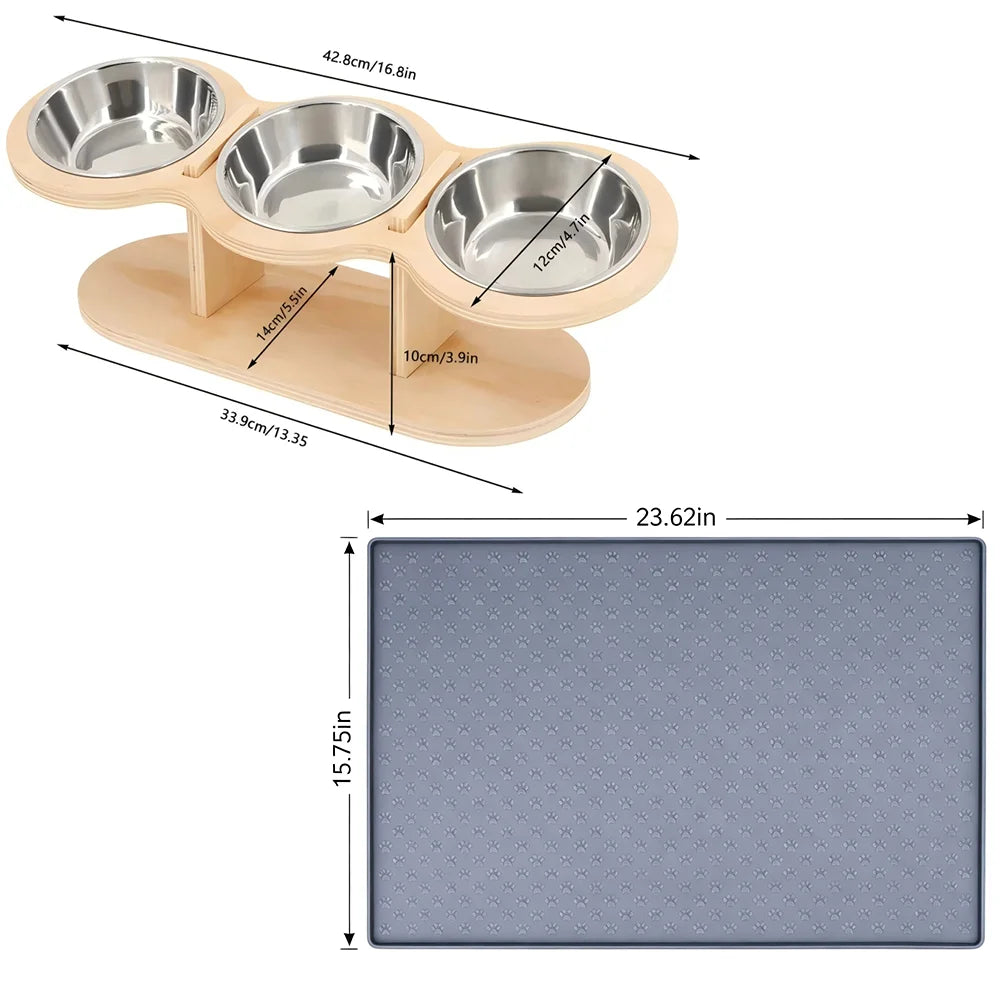 Raised Cat Feeder With Tilted 15 Degree Wood Stand Bowls