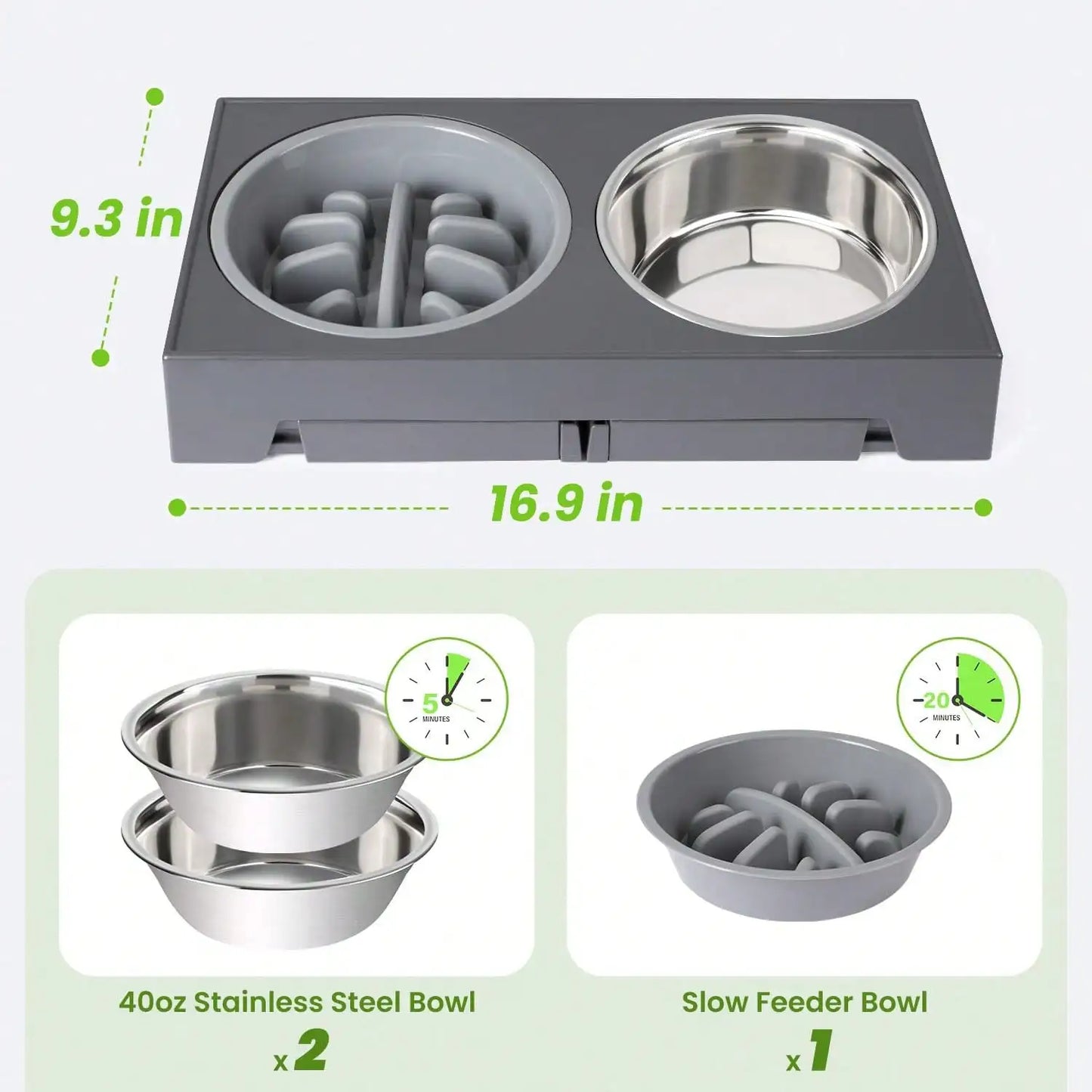 Raised Dog Bowl Set With Adjustable Heights And Slow Feeder