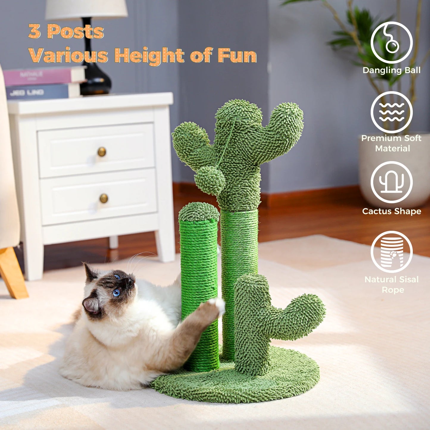 PAWZ Road CN Cactus Cat Scratcher Post With 3 Poles And Dangling Ball